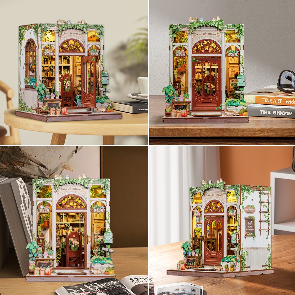 Miniatuurhuisje Green Life Bookshop op de boekenplank