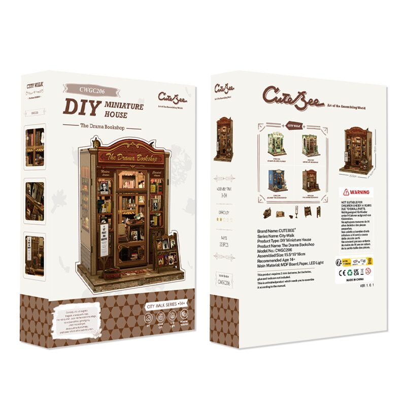 Miniatuurhuisje The Drama Bookshop op de boekenplank