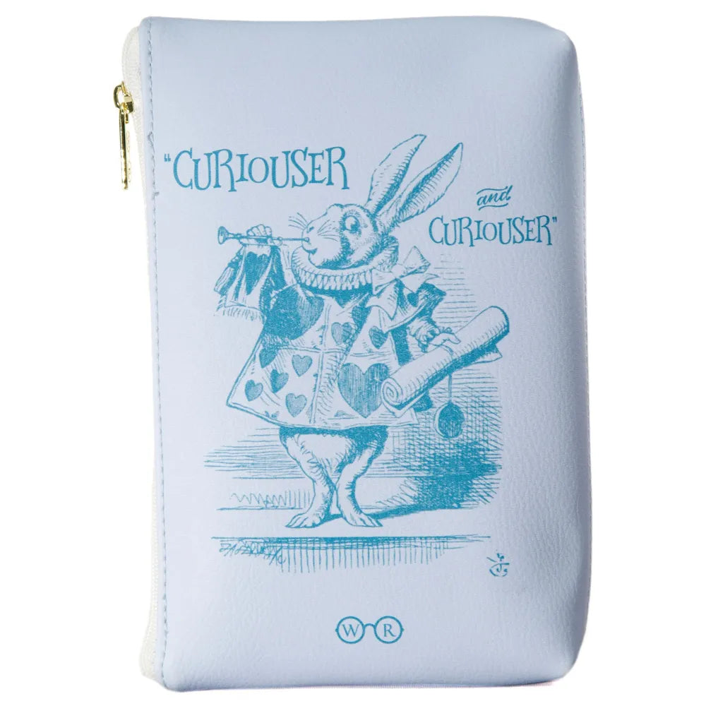 Alice in Wonderland paars boektasje in boekvorm, achterzijde met de White Rabbit en Curious and Curiouser
