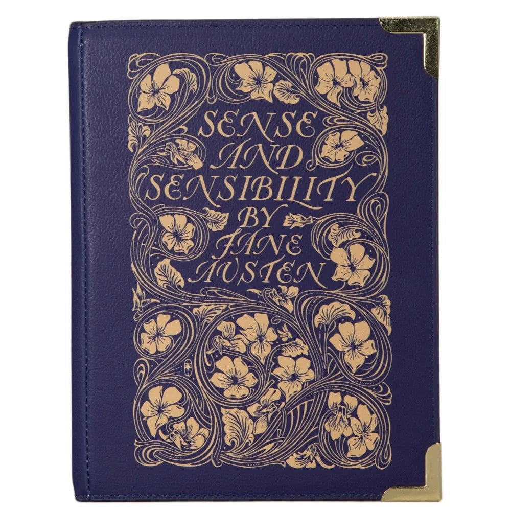 Sense and Sensibility kobaltblauwe handtas in boekvorm, afneembare verstelbare schouderriem