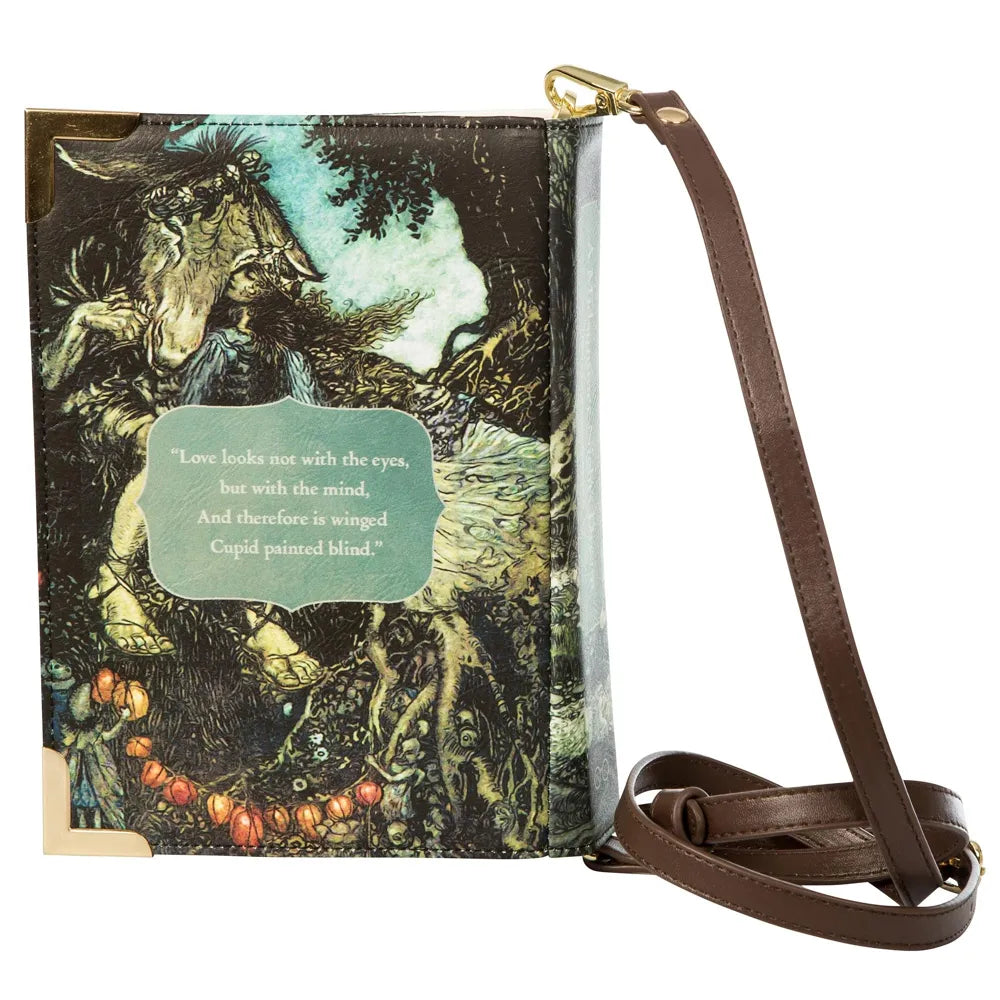 A Midsummer Night's Dream groene handtas in boekvorm, goudkleurige metalen hoekbeschermers