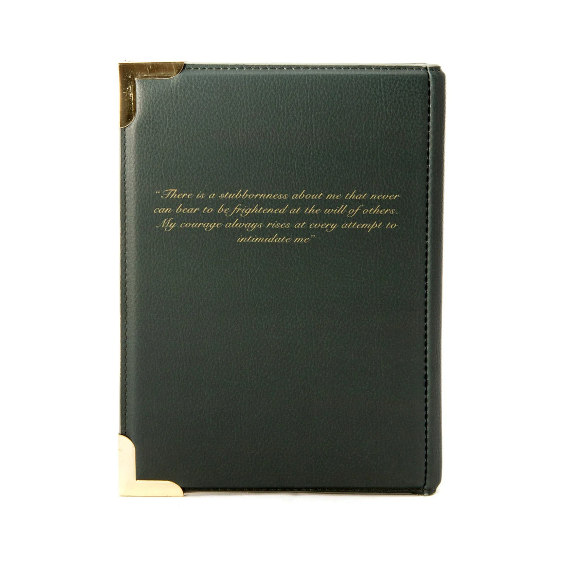 Pride and Prejudice groene handtas in boekvorm, achterzijde met een quote uit de roman