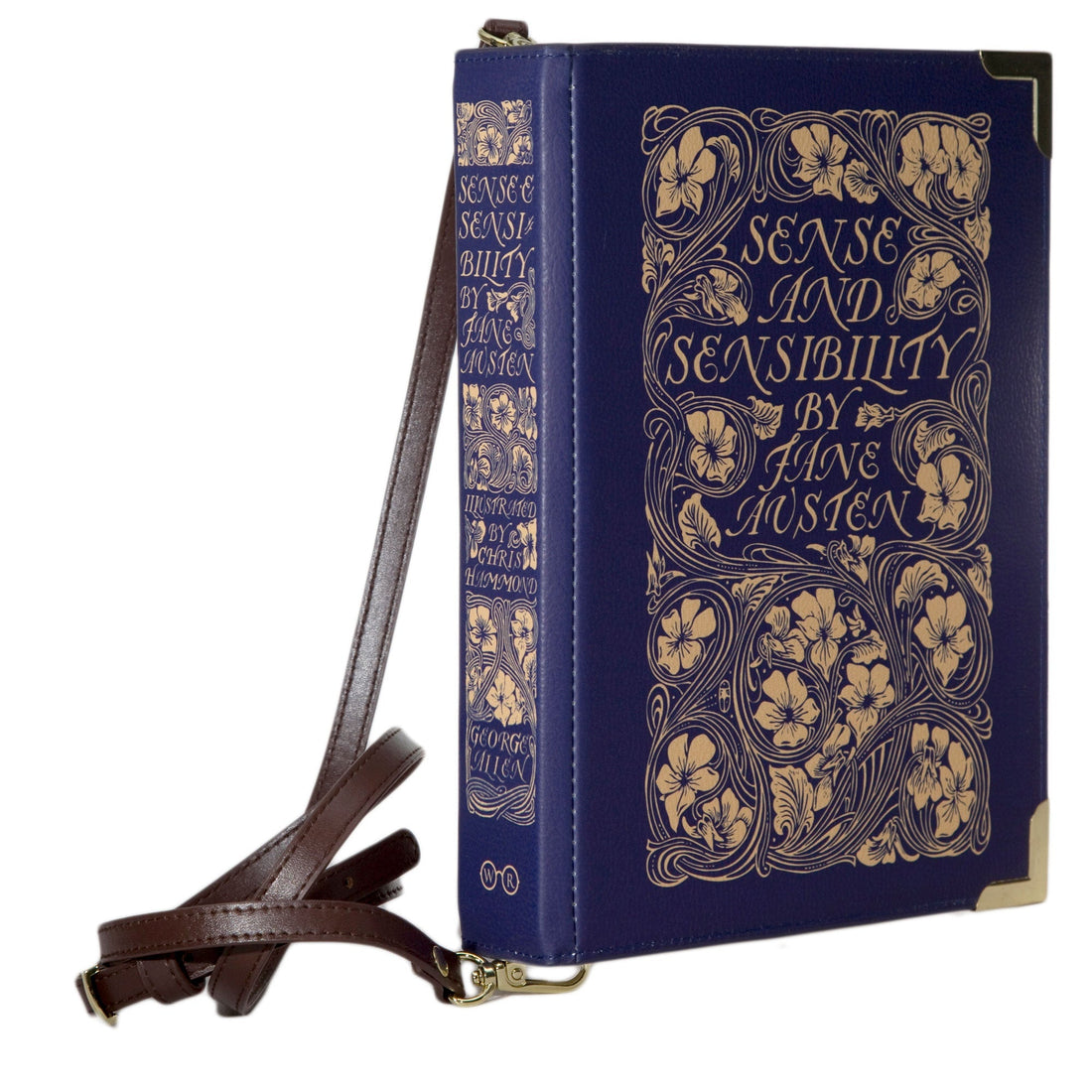 Sense and Sensibility kobaltblauwe handtas in boekvorm, verfijnde bloemenornamenten op de omslag