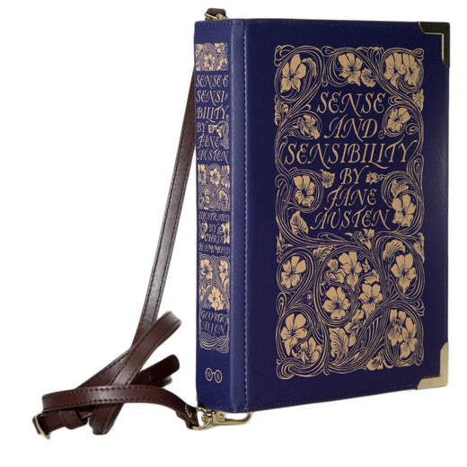 Sense and Sensibility kobaltblauwe handtas in boekvorm, verfijnde bloemenornamenten op de omslag
